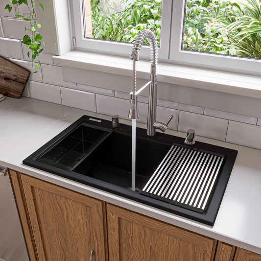 Black 33" Granite Composite Workstation Step Rim Single Bowl Drop In Sink with Accessories