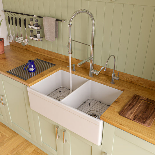 White 32" Decorative Lip Apron Double Bowl Fireclay Farmhouse Kitchen Sink