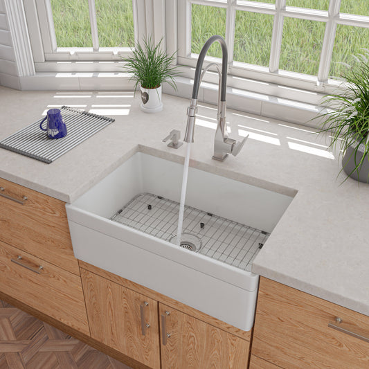 White 30" Decorative Lip Apron Single Bowl Fireclay Farmhouse Kitchen Sink