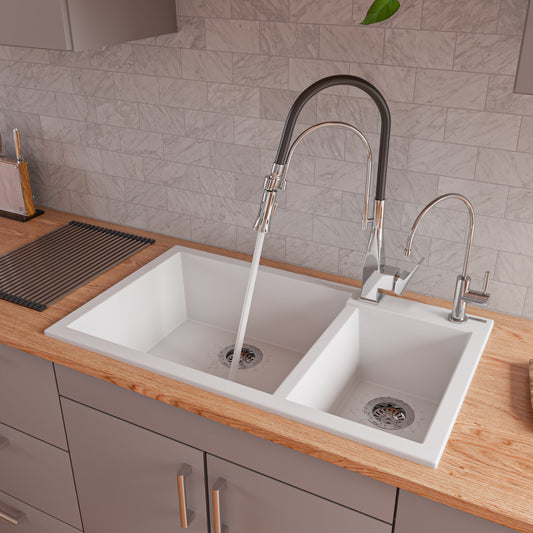 White 34" Double Bowl Drop In Granite Composite Kitchen Sink