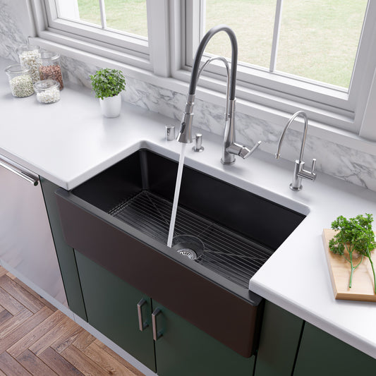 Black Gloss 33" x 18" Reversible Fluted / Smooth Fireclay Farm Sink