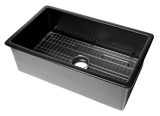 Black Matte 32" x 19" Single Bowl Fireclay Undermount / Drop In Fireclay Kitchen Sink w Grid