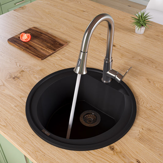 Black 20" Drop-In Round Granite Composite Kitchen Prep Sink