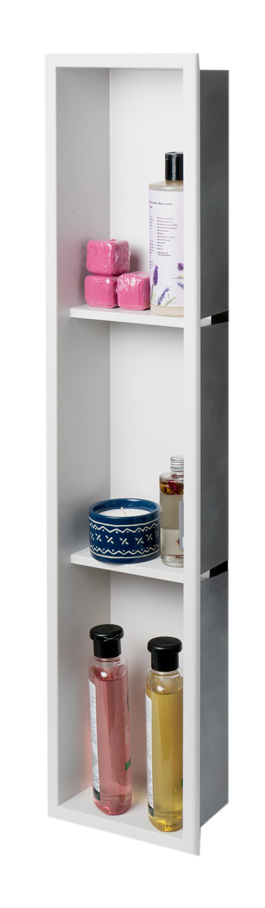 8" x 36" White Matte Stainless Steel Vertical Triple Shelf Bath Shower Niche
