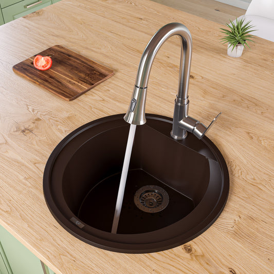 Chocolate 20" Drop-In Round Granite Composite Kitchen Prep Sink