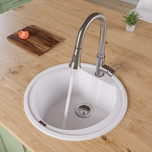 White 20" Drop-In Round Granite Composite Kitchen Prep Sink
