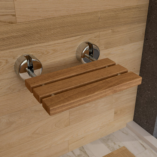 Polished Chrome 16" Folding Teak Wood Shower Seat Bench
