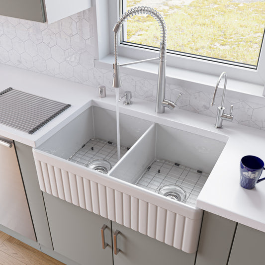 White 32" Fluted Apron Double Bowl Fireclay Farmhouse Kitchen Sink