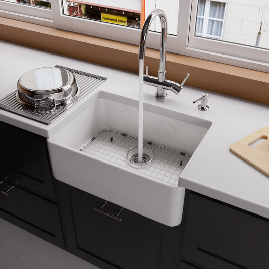 White 23" Smooth Apron Fireclay Single Bowl Farmhouse Kitchen Sink