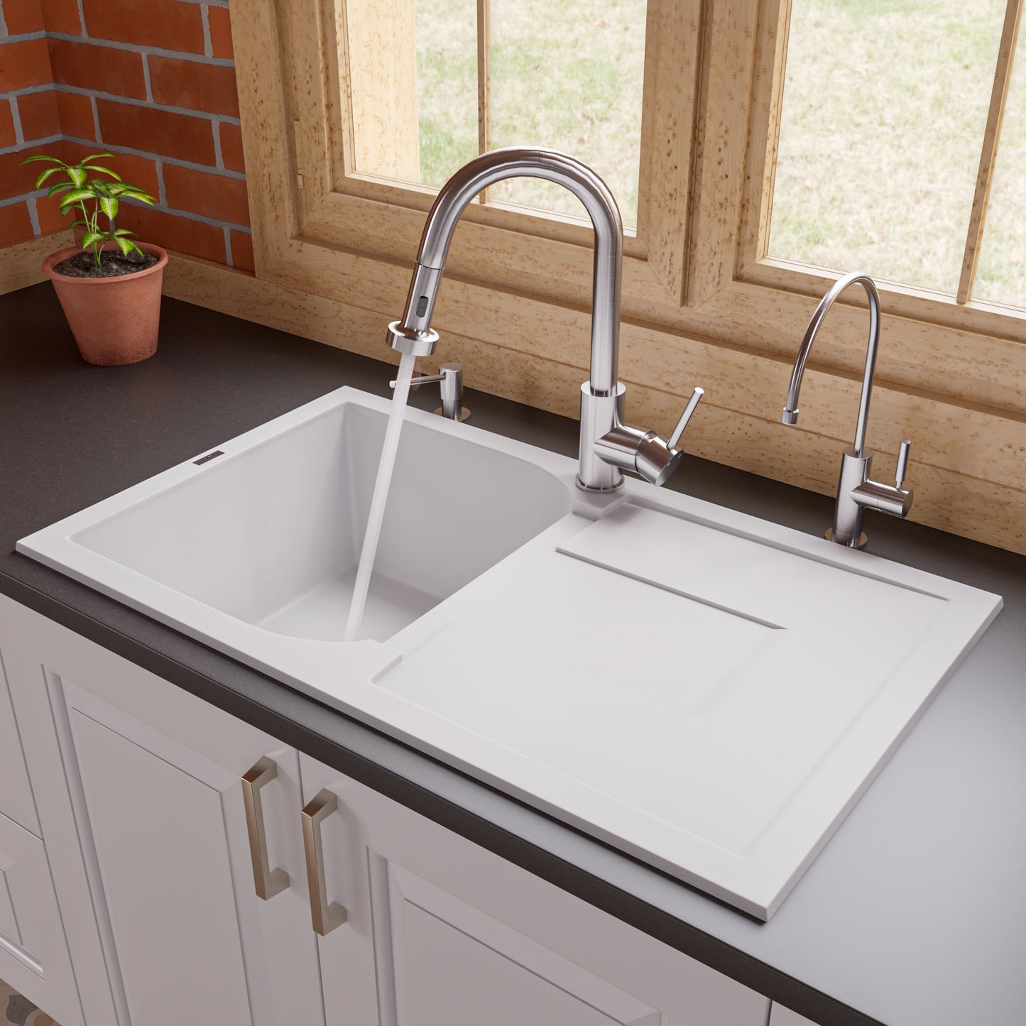 White 34" Single Bowl Granite Composite Kitchen Sink with Drainboard