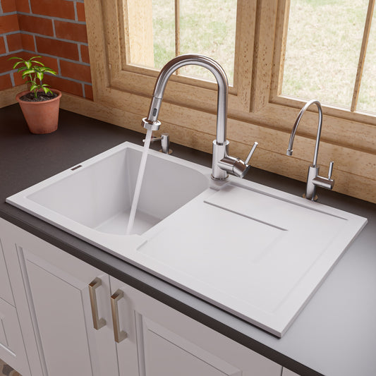 White 34" Single Bowl Granite Composite Kitchen Sink with Drainboard