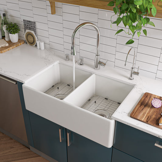 White 32" Smooth Apron Double Bowl Fireclay Farmhouse Kitchen Sink