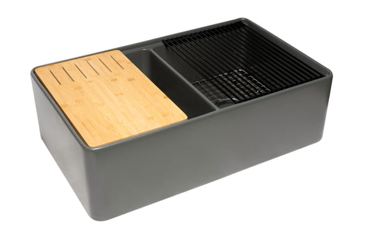 Grey Matte Workstation 33" x 20" Double Bowl Step Rim Fireclay Farm Sink with Accessories