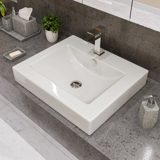 White 24" Rectangular Semi Recessed Ceramic Sink with Faucet Hole