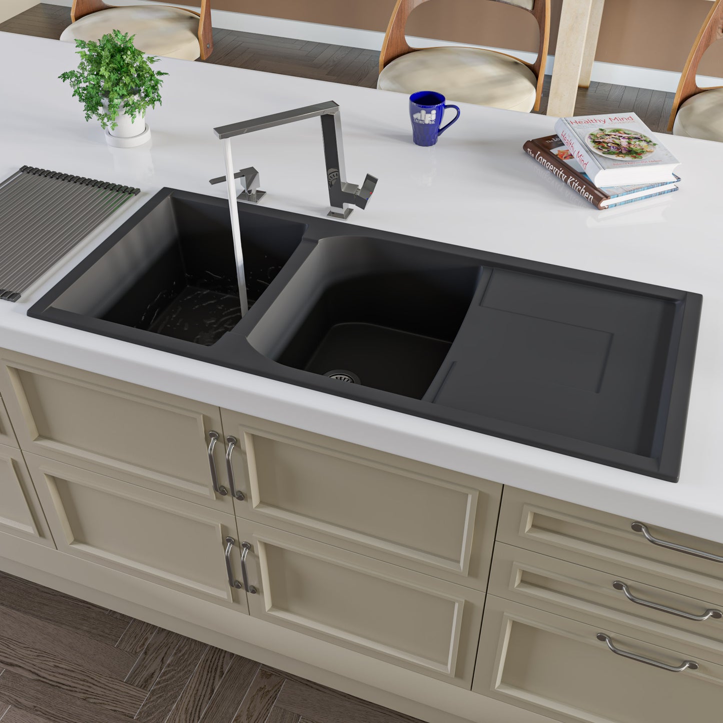 Black 46" Double Bowl Granite Composite Kitchen Sink with Drainboard