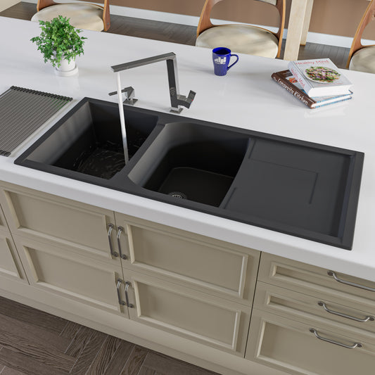 Black 46" Double Bowl Granite Composite Kitchen Sink with Drainboard
