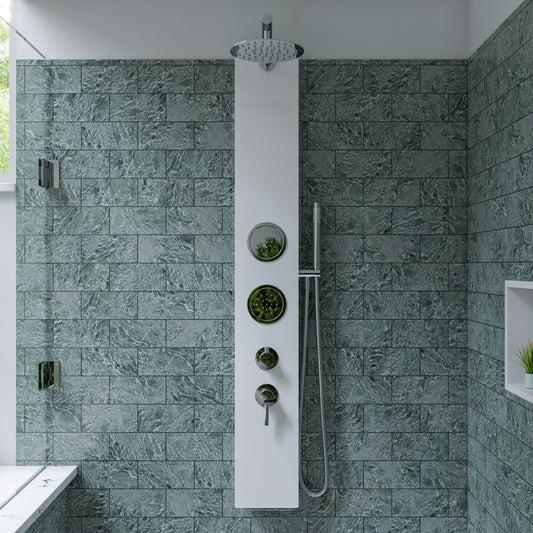 White Glass Shower Panel with 2 Body Sprays and Rain Shower Head