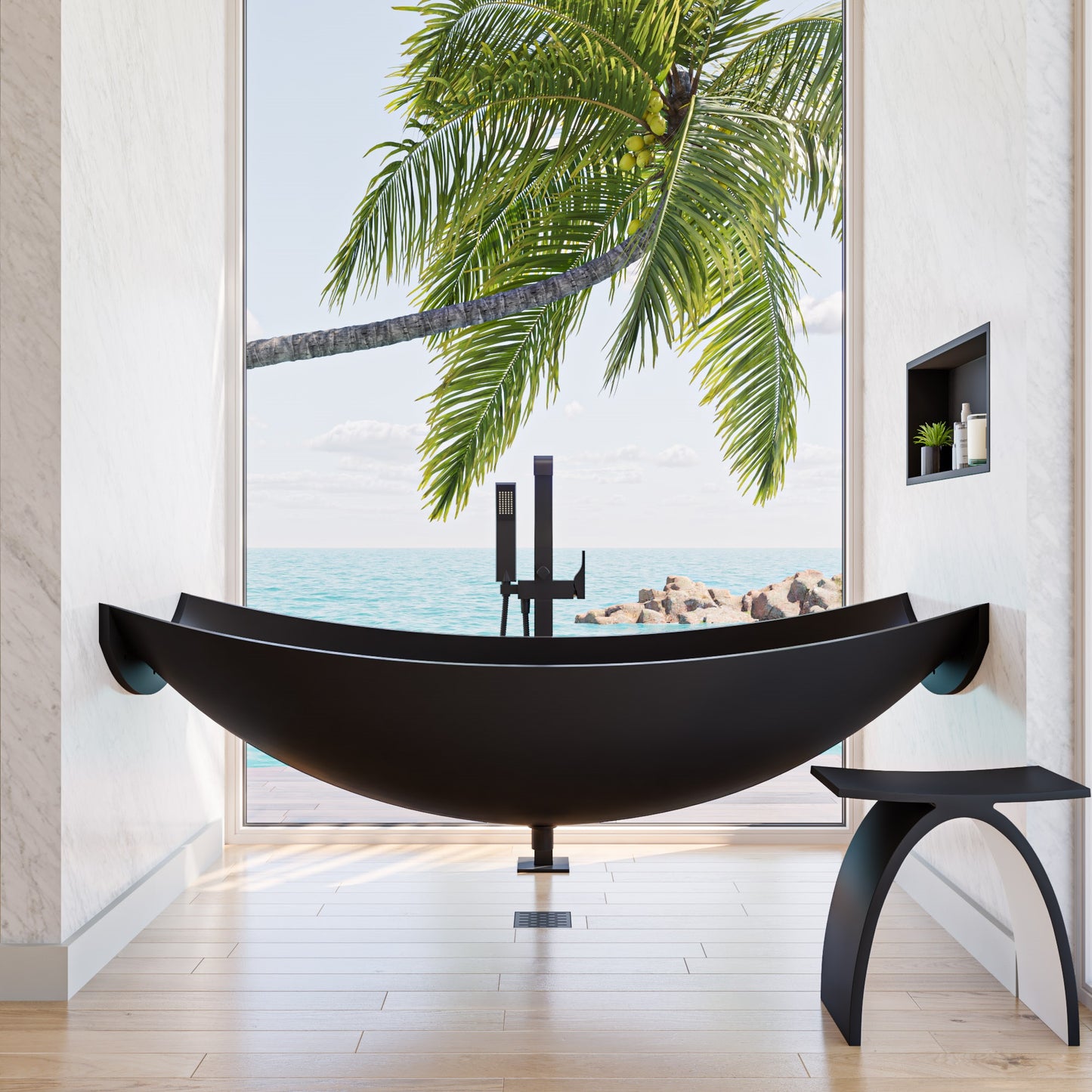 Black Matte 71" Solid Surface Resin Suspended Wall Mounted Hammock Bathtub