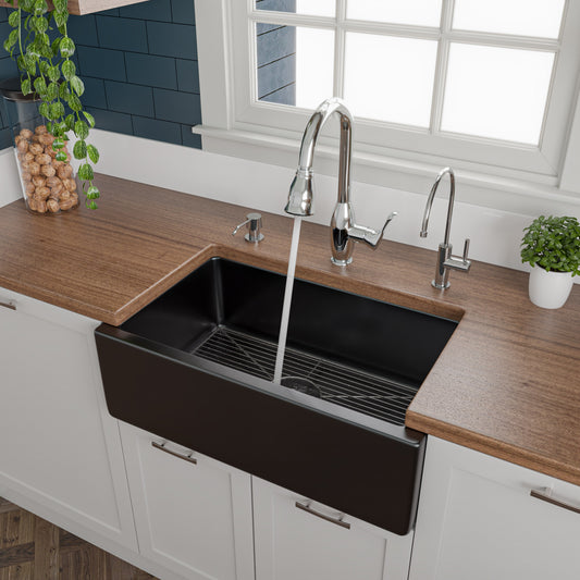 30" Black Gloss Reversible Smooth / Fluted Single Bowl Fireclay Farm Sink