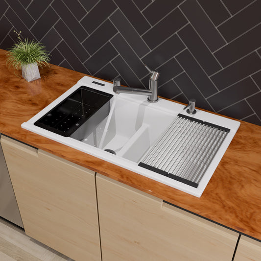 White 33" Granite Composite Workstation Step Rim Double Bowl Drop In Sink with Accessories