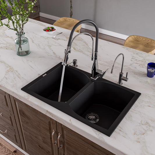 Black 32" Drop-In Double Bowl Granite Composite Kitchen Sink