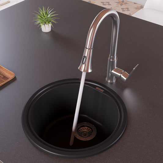 Black 17" Drop-In Round Granite Composite Kitchen Prep Sink