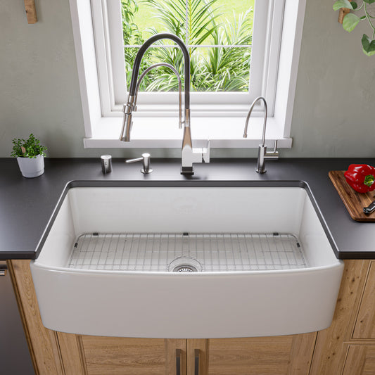 ALFI Brand  White Smooth Curved Apron 36" x 20" Single Bowl Fireclay Farm Sink with Grid