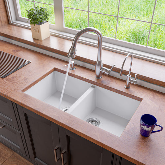White 34" Undermount Double Bowl Granite Composite Kitchen Sink
