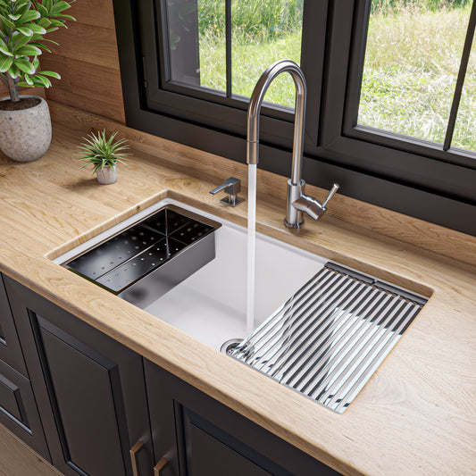 White 33" Granite Composite Workstation Step Rim Single Bowl Undermount Sink with Accessories