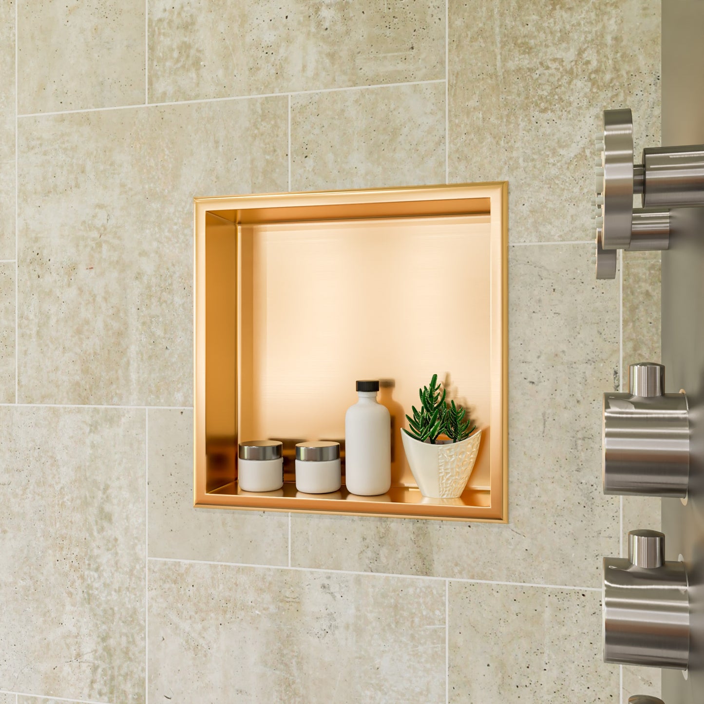 16" x 16" Brushed Gold PVD Steel Square Single Shelf Shower Niche