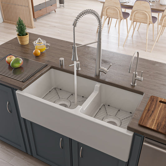 36" White Smooth Apron Thick Wall Fireclay Double Bowl Farm Sink