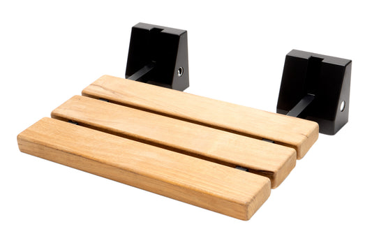 Black Matte 16" Wide Foldable Teak Shower Seat with Square Hardware