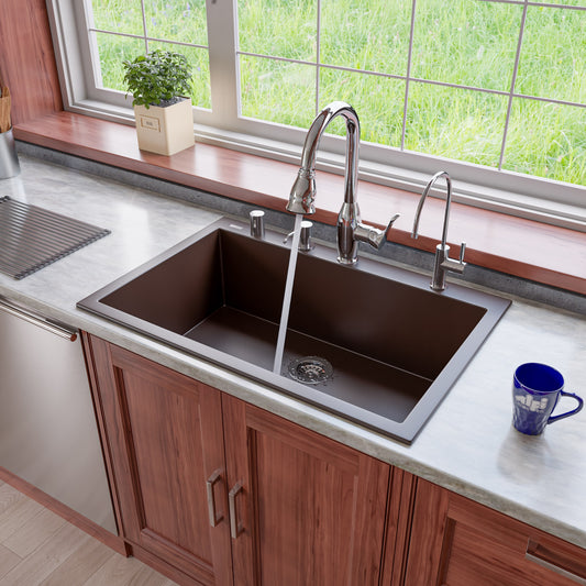 Chocolate 33" Single Bowl Drop In Granite Composite Kitchen Sink