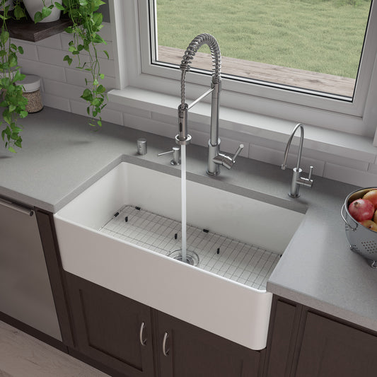ABF3318S 33" White Thin Wall Single Bowl Smooth Apron Fireclay Kitchen Farm Sink