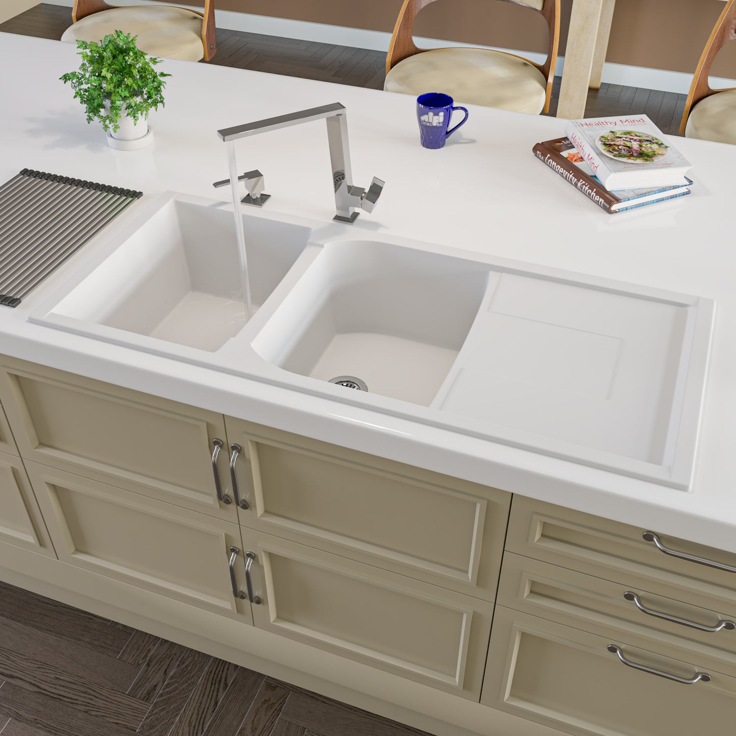 White 46" Double Bowl Granite Composite Kitchen Sink with Drainboard
