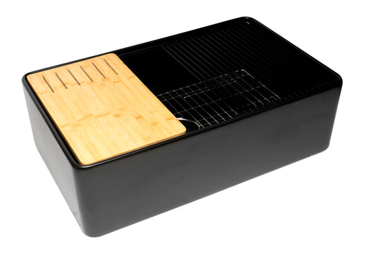 Black Matte Workstation 33" x 20" Single Bowl Step Rim Fireclay Farm Sink with Accessories