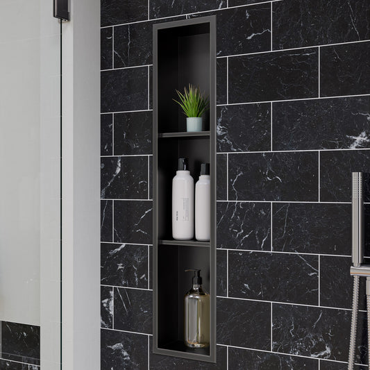 8" x 36" Brushed Black PVD Stainless Steel Vertical Triple Shelf Shower Niche