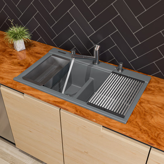 Titanium 33" Granite Composite Workstation Step Rim Double Bowl Drop In Sink with Accessories