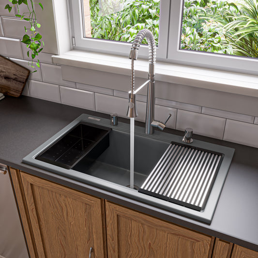 Titanium 33" Granite Composite Workstation Step Rim Single Bowl Drop In Sink with Accessories