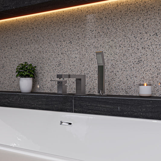 Brushed Nickel Deck Mounted Tub Filler and Square Hand Held Shower Head