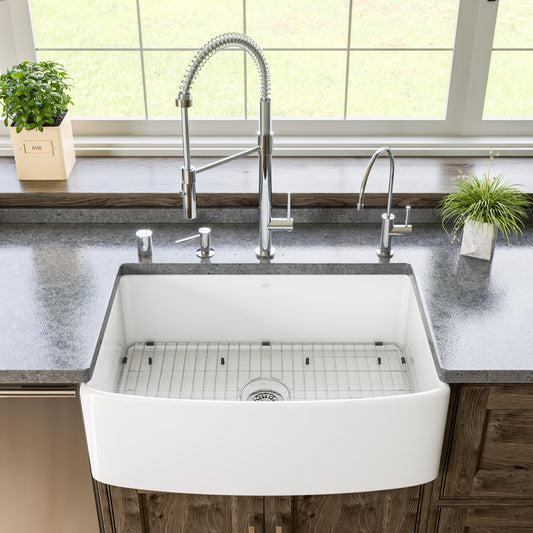 ALFI Brand  White Smooth Curved Apron 30" x 20" Single Bowl Fireclay Farm Sink with Grid