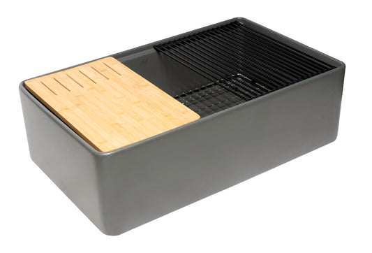 Grey Matte Workstation 33" x 20" Single Bowl Step Rim Fireclay Farm Sink with Accessories