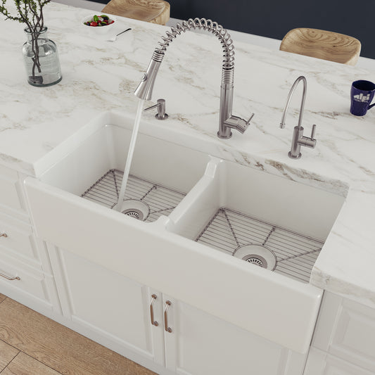 39" White Smooth Apron Thick Wall Fireclay Double Bowl Farm Sink