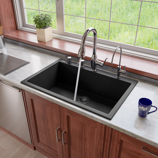 Black 33" Single Bowl Drop In Granite Composite Kitchen Sink