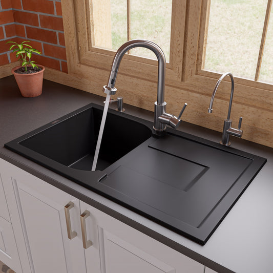 Black 34" Single Bowl Granite Composite Kitchen Sink with Drainboard