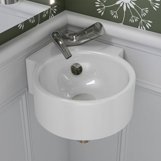 White 17" Tiny Corner Wall Mounted Ceramic Sink with Faucet Hole