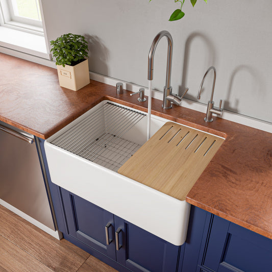 ALFI Brand  White Smooth Apron Workstation 30" x 20" Single Bowl Step Rim Fireclay Farm Sink with Accessories
