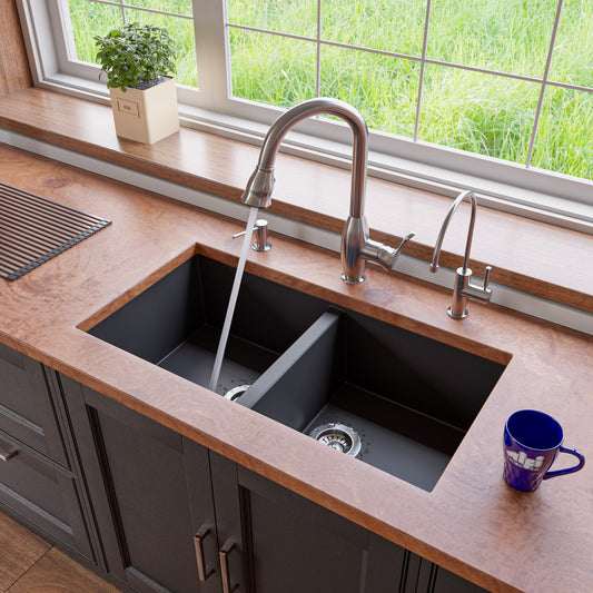 Black 34" Undermount Double Bowl Granite Composite Kitchen Sink
