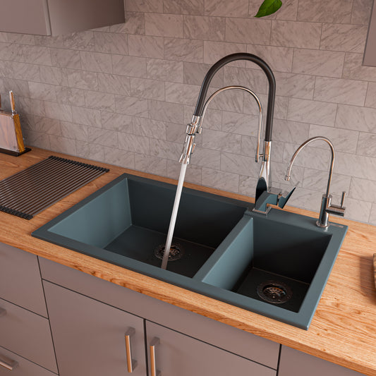 Titanium 34" Double Bowl Drop In Granite Composite Kitchen Sink