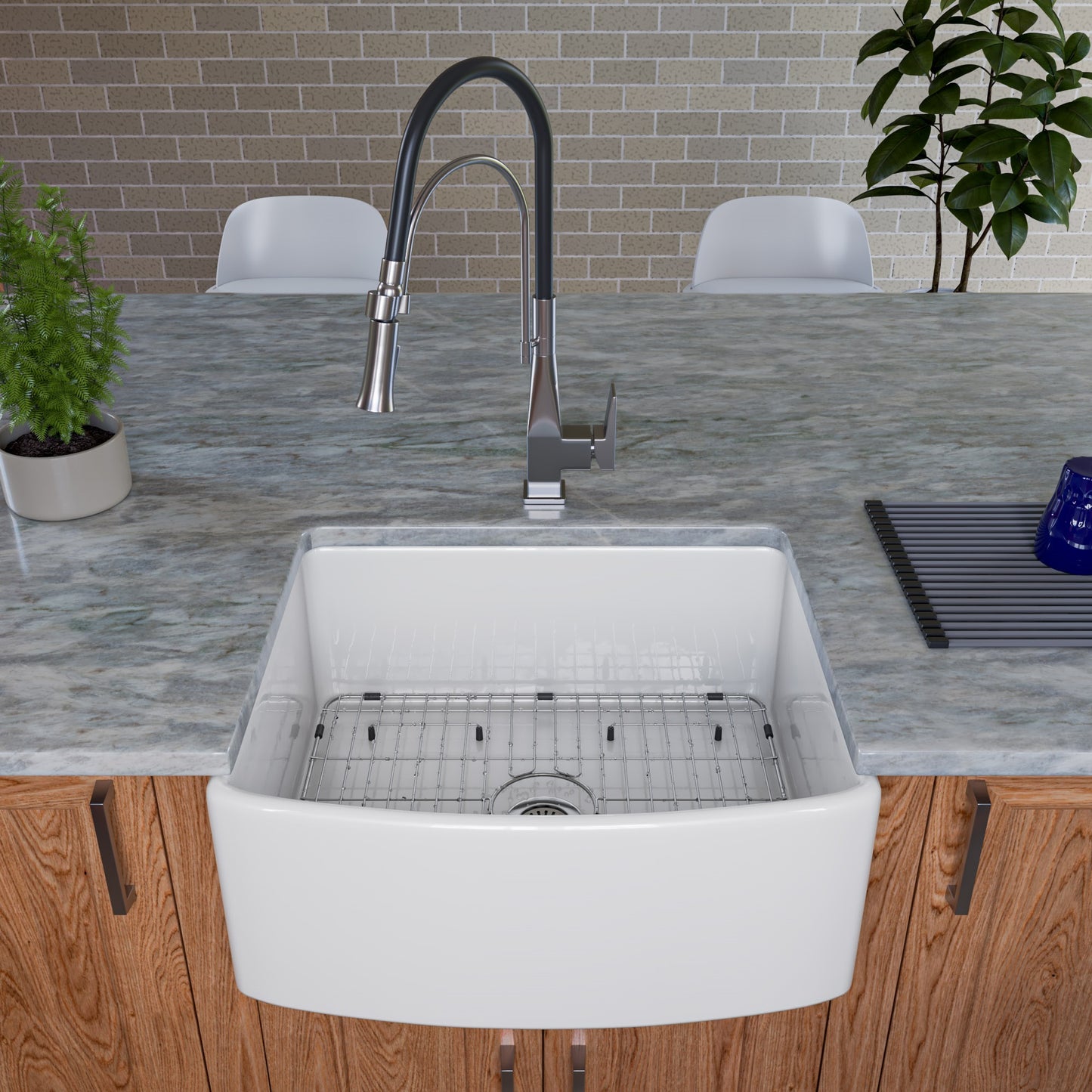 ALFI Brand  White Smooth Curved Apron 24" x 20" Single Bowl Fireclay Farm Sink with Grid
